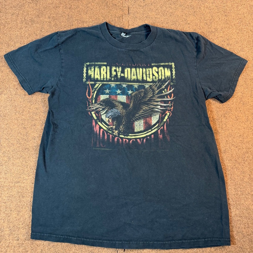 Harley-Davidson T-Shirt Mens Legendary Eagle Flag Virginia Beach Black Tee South